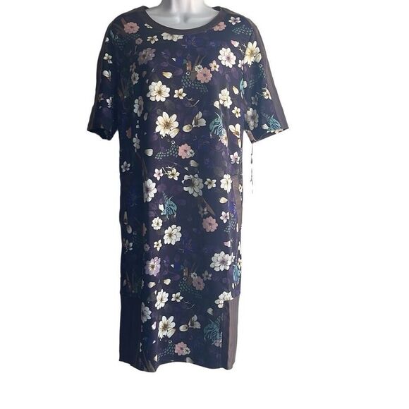 Marc Cain Purple Floral Bird Faux Leather Trim Dress Pockets US 12 N5 NWT $440 - Picture 1 of 12